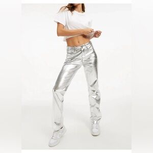 Good American Icon Silver Metallic Faux Leather Pants distressed size 6/28